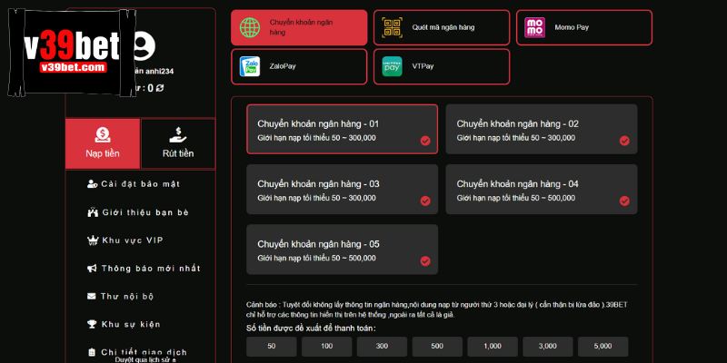 Nạp qua tài khoản ngân hàng